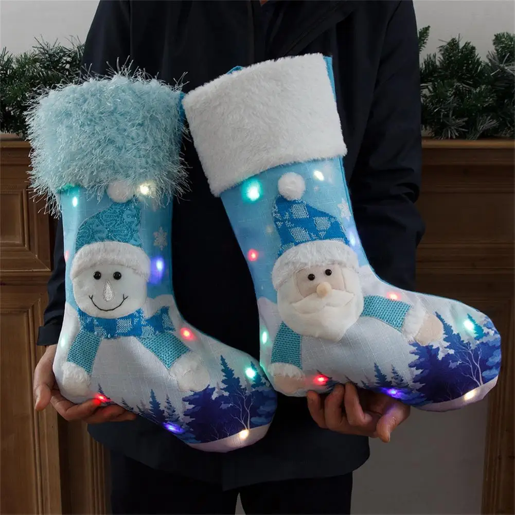 

Christmas Stockings Socks Led Light Up Snowman Santa Printing Xmas Candy Gift Bag Fireplace Xmas Tree Decoration New Year Navida