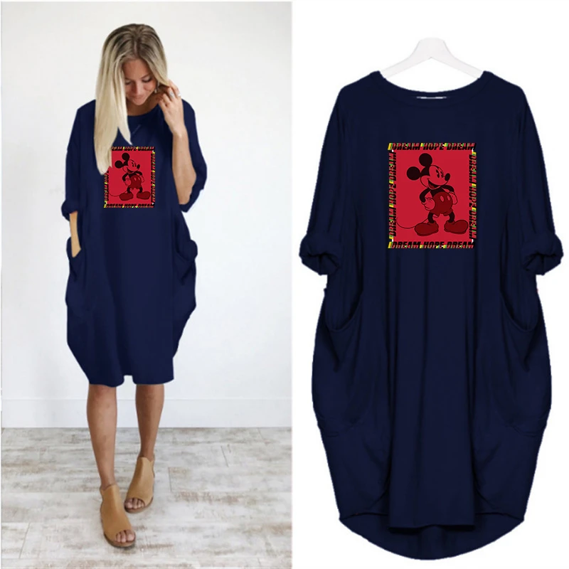 

Dress Women Mickey Cute Printing Pocket Loose Dresses Vintage Fall Maxi Clothes Party Casual Dresses Woman Plus Size M-5XL Dress