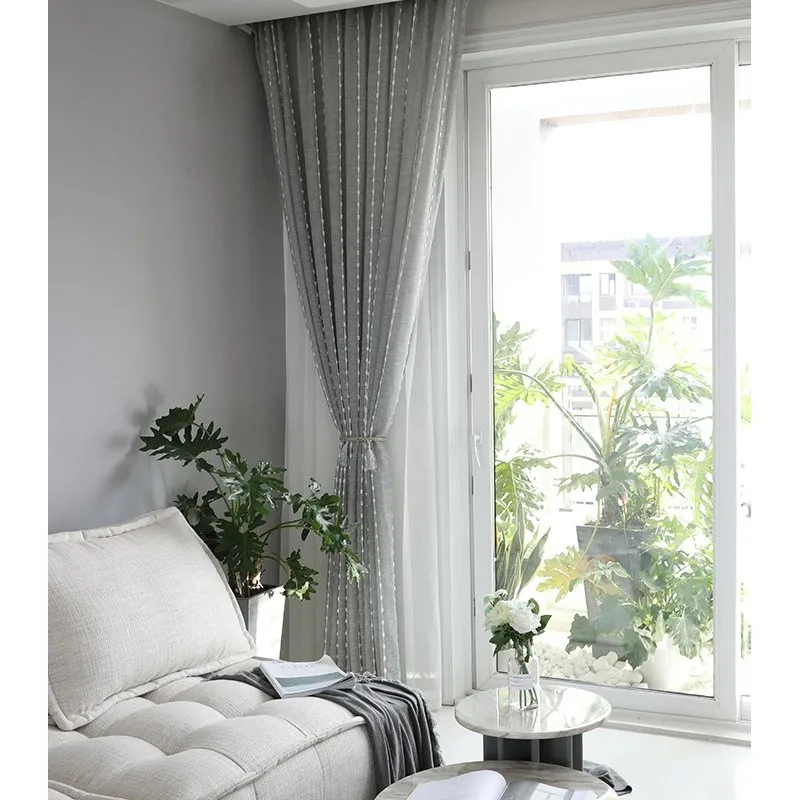 Modern grey Embroidery curtain yarn vertical stripe embroidery curtain yarn of living room bedroom balcony bay window curtains