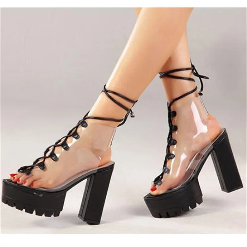 

Newest sexy PVC Jelly Sandals Open Toe Lace-up Gladiator High Heels Summer Shoes Platform Heel Transparent Sandals Size 35-42