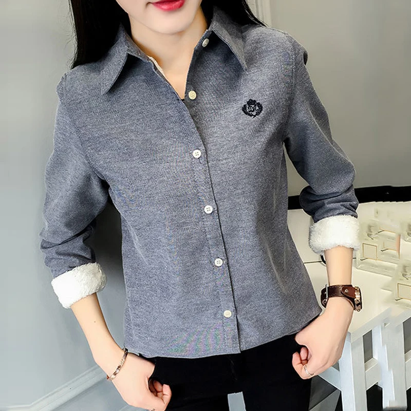 Ceny Lossky kobiety bawełniana bluzka topy jesienno zimowa koszula z długim rękawem modny haft biały aksamit zagęścić ciepłe ubrania Femme 2019