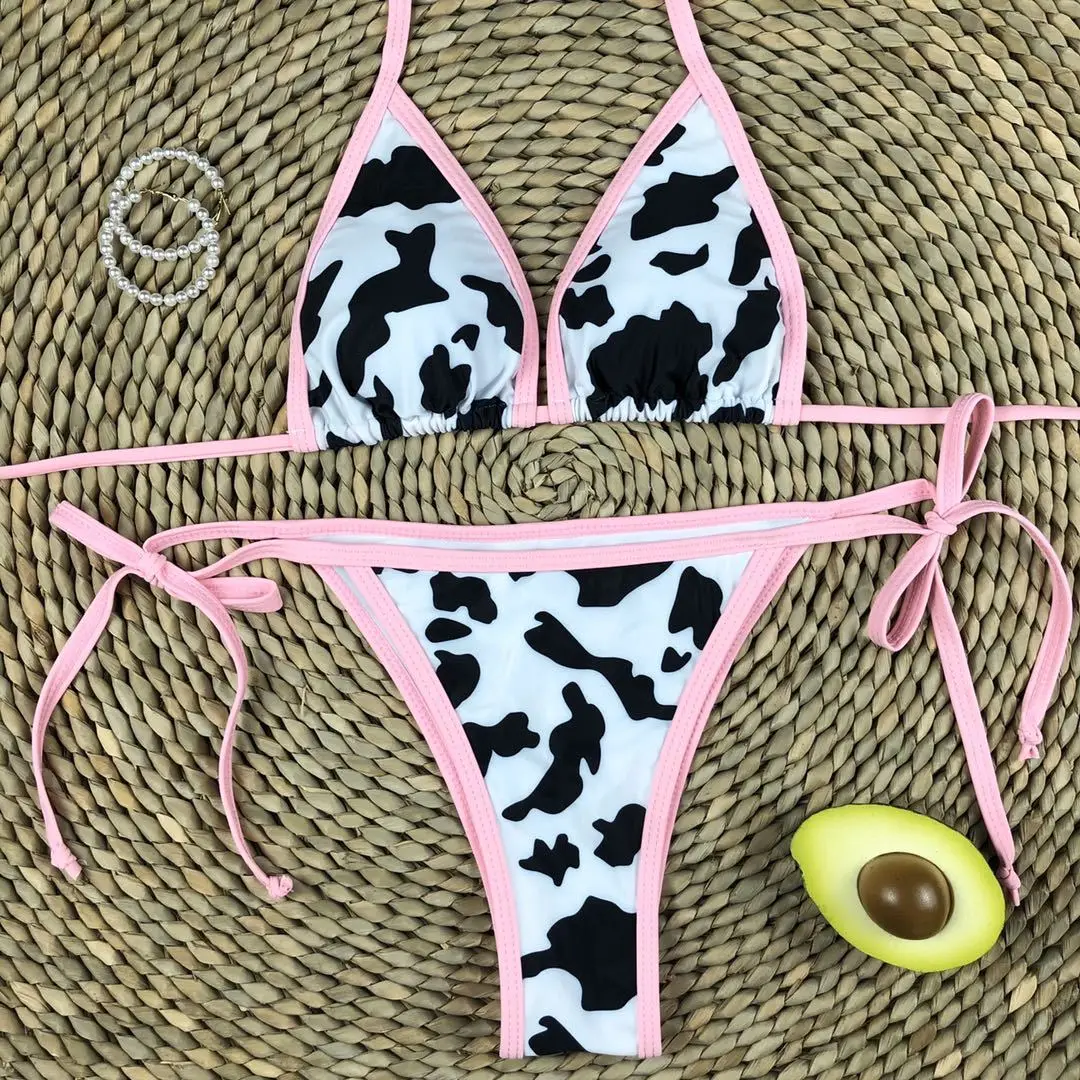 Cow Printed 2pcs Sexy Women Summer Swimwear Bikini Set G-String Thong Beach Triangle Suit Swimsuit Bathing Suit Swimming Suit