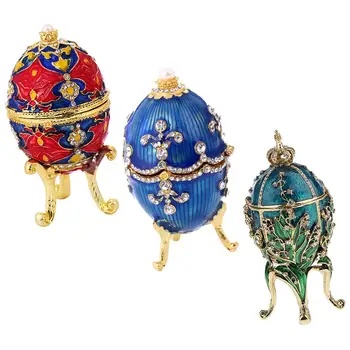

3 Pieces Enamel Faberge Easter Egg Jewelry Box Wedding Ring Storage Container