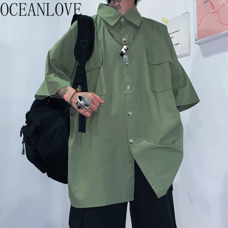Женские и мужские рубашки OCEANLOVE Harajuku однотонные уличные свободные блузки с