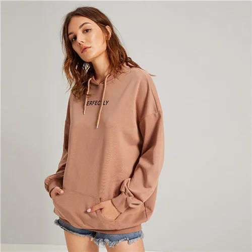 Хаки SweatyRocks худи цвета хаки с заниженным плечом, графическая Толстовка на шнурке, весна, толстовки больших размеров, повседневные женские толстовки с капюшоном - Цвет: Хаки