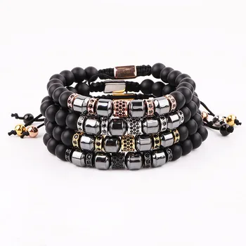 New Design Men Bracelet Natural Stone Hematite CZ Micro Pave Tube Friendship Macrame Adjustable Bracelet Men