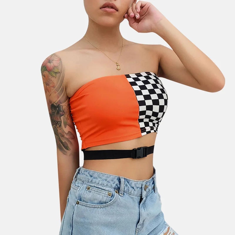 Patchwork Checkerboard Strapless Top Casual Checkered Crop Tops Women Streetwear Bandeau Boob Tube Top Wrap Chest