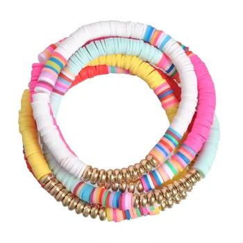 

5 Pcs Colorful Sliced Clay Bracelets Handmade Rainbow Polymer Elastic Rope Boho Beaded Bracelet Set Summer Beach Surf Stackable