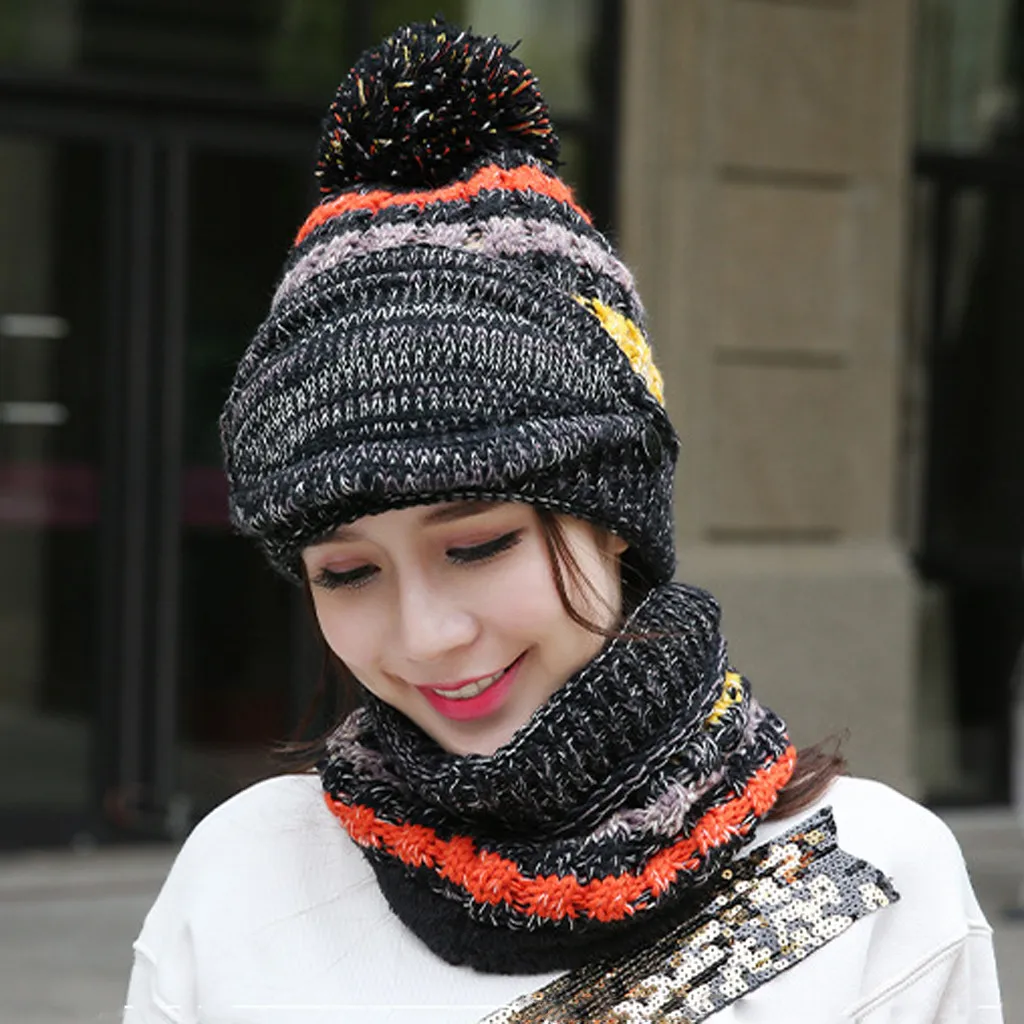 Унисекс Knittedneck теплый шарф шапка маска три 1 предмет с маленькими пушистыми помпончиками для мульти-функция, изготовленные по лоскутной технологии, теплая зимняя женская обувь, утепленные Термальность