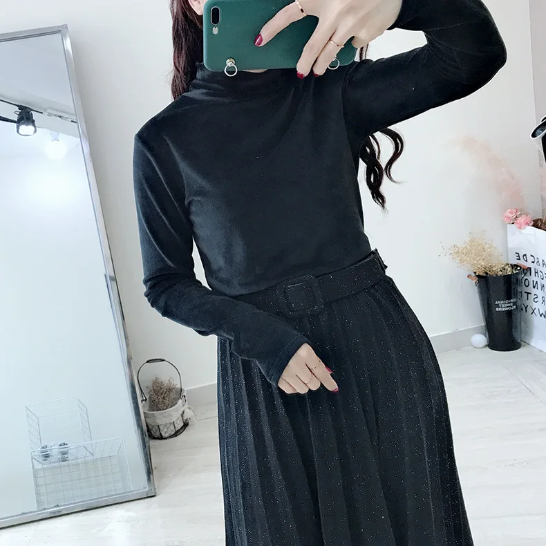Velvet футболка женская high elasticity одежда для женщин high collar футболка thick solid color футболки long sleeve женские футболки hood inside the футболки женские