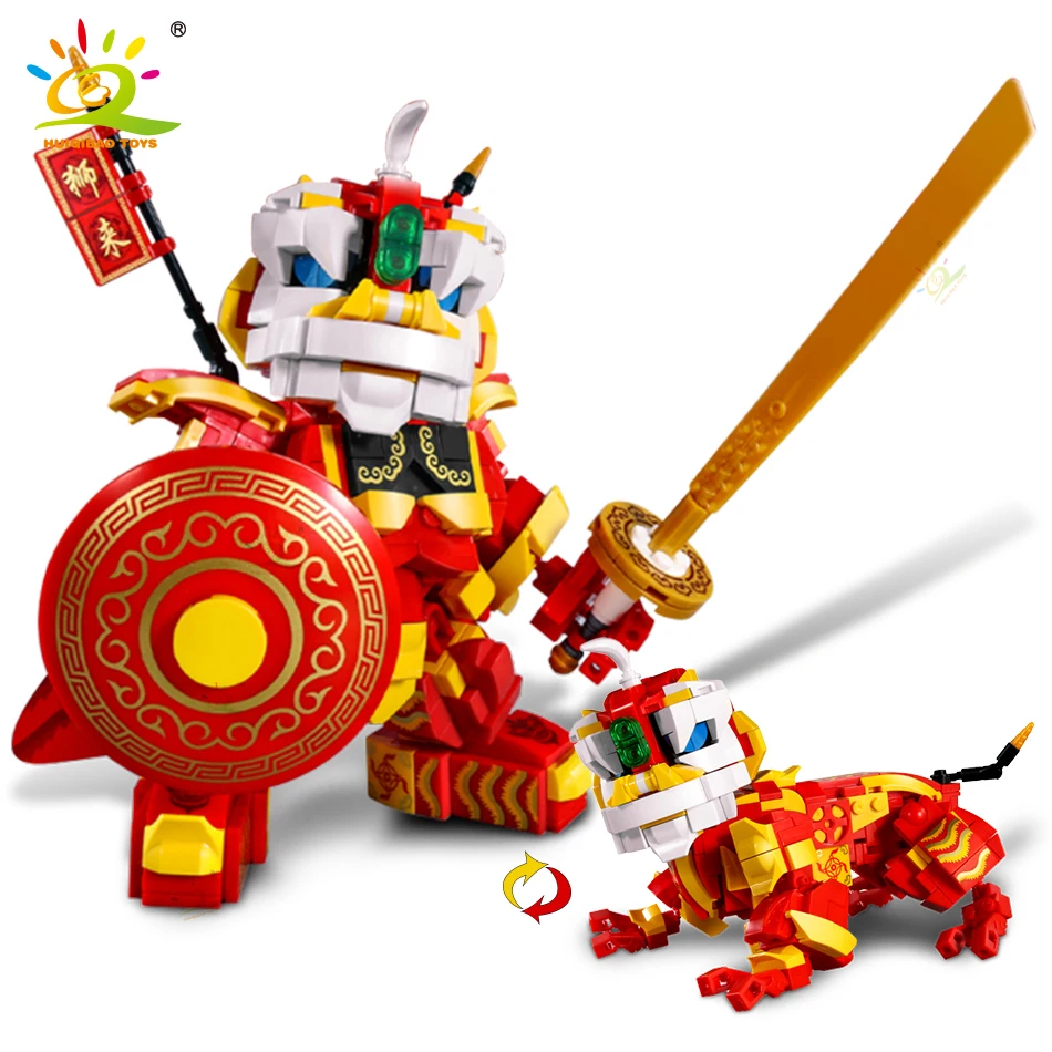 HUIQIBAO Chinese Traditional Lion Dance Mecha Building Blocks Classic City Folk Custom Series Bricks Set Toys for Children kids