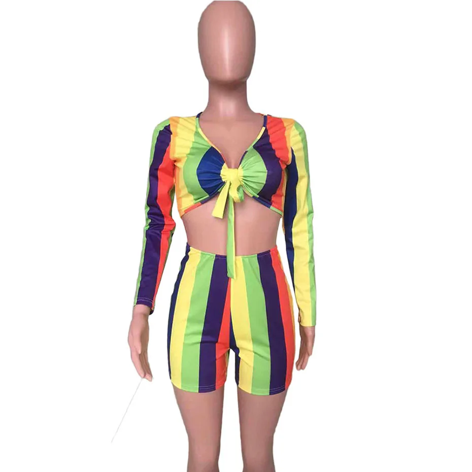HAOYUAN, Радужный Полосатый Сексуальный комплект из двух предметов, бандажный укороченный топ и женские байкерские шорты, комплект из 2 предметов, наряды, уличная одежда, подходящий комплект - Цвет: Многоцветный