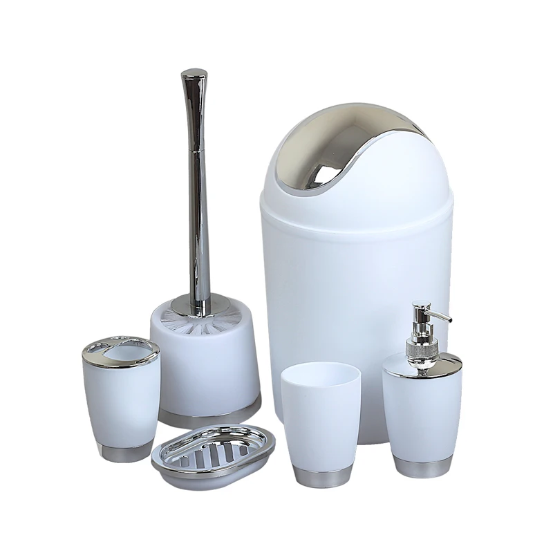 

Bathroom Plastic Accessories 6 in 1 Set Toothbrush Holder Toothbrush Cup Liquid bottle Soap Dish Toilet Brush Trash Can