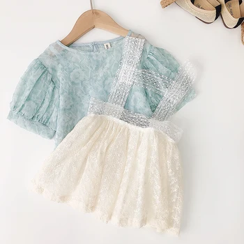 

Summer Infant Kids Baby Girls Clothes Sets Transparent Print Short Sleeve Tops Lace Shirt Bib Strap Dress 2pcs New Girl 2-6Y