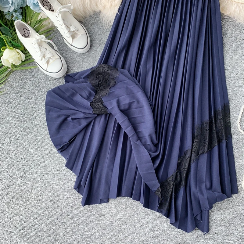 YuooMuoo нерегулярные женские плиссированные юбки Высокая талия ассиметричное миди юбка модная кружевная Лоскутная осенне-зимняя женская юбка