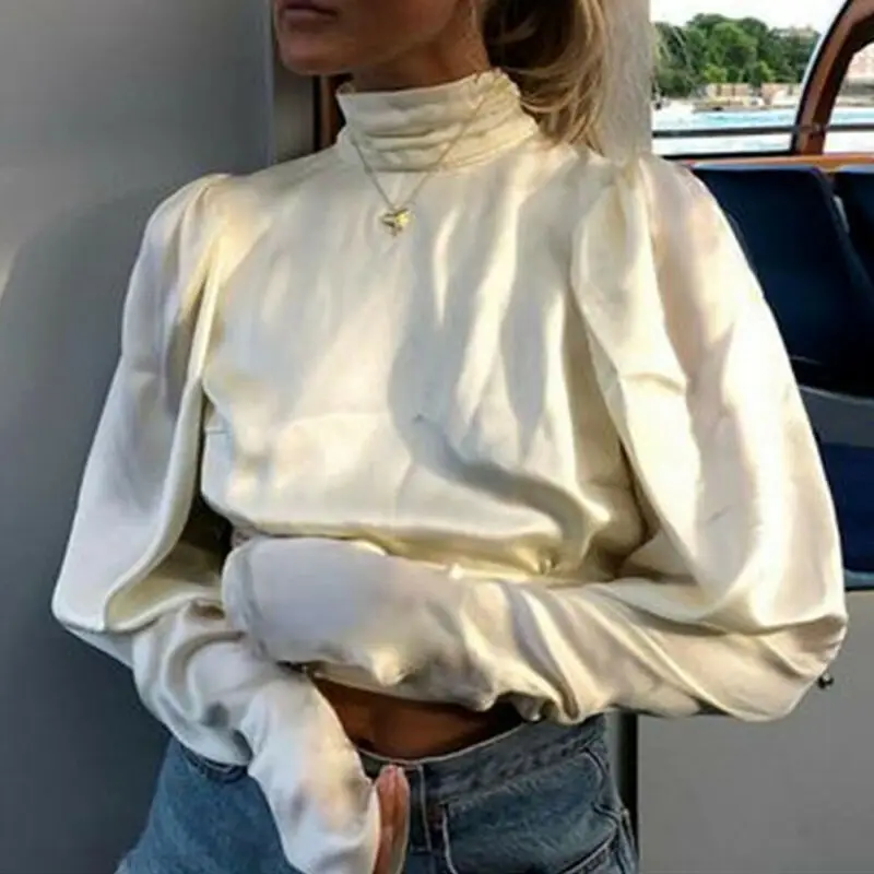 Women Blue Open Back Sexy OL Work Sexy Satin Puff Sleeve High Neck Backless Tie Blouse Party Shirt Tops Crop Top 2 Colors