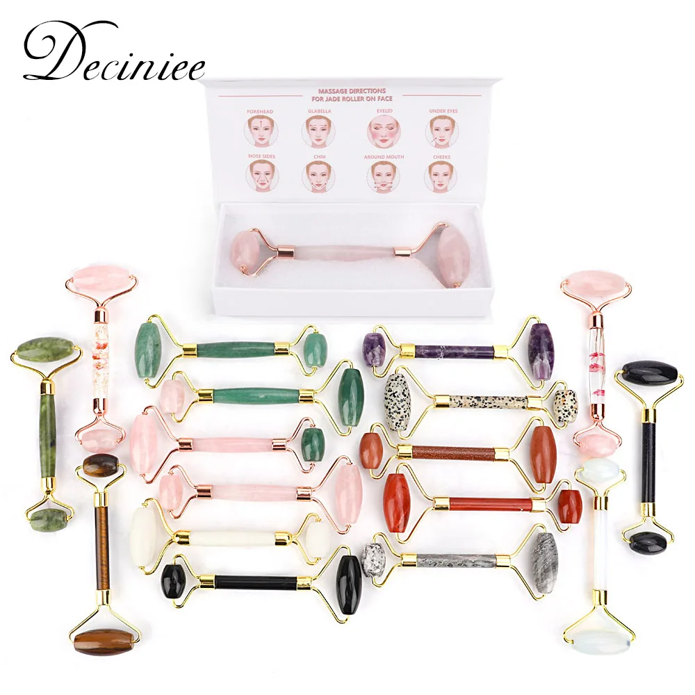 16 tipos de piedra de Jade rodillo con caja Rosa Cuarzo Natural cristal piedra masajeador para Estiramiento facial a Delgado adelgazar mentón para cuello cuerpo