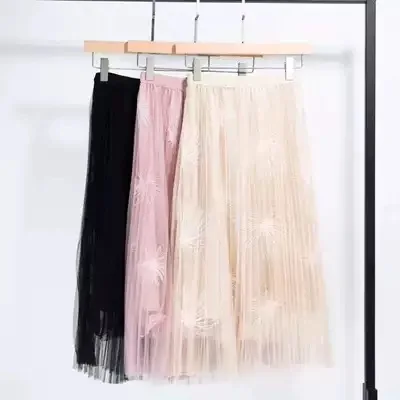 

2019 Spring And Summer New Style Lace Embroidered Sunflower Mesh Skirt A- line Pleated Skirt Pendulum Versatile Youth Medium-len