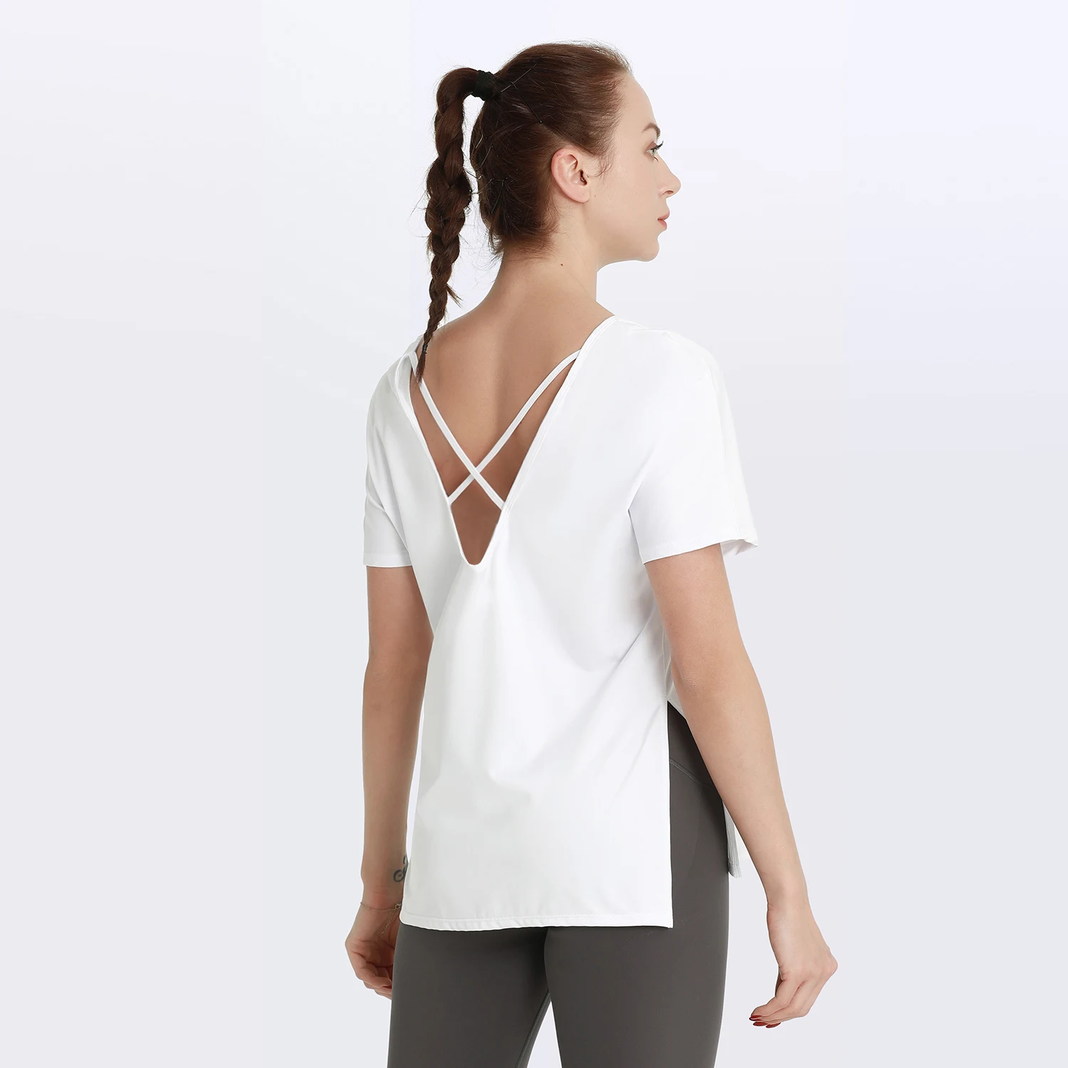 F.DYRAA Women Hollow Back Yoga Shirts Short Sleeve Top Sports T-Shirts Quick Dry Breathable Gym Shirts Female Fitness Sportswear