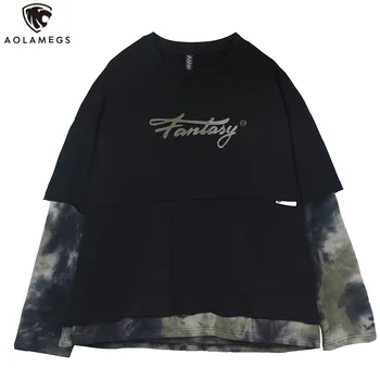 

Aolamegs Sweatshirts Men Fake 2 Pieces Gradient Camouflage Print Pullovers O-Neck Casual Hoodies High Street Harajuku Streetwear