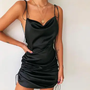 

Sexy Women Adjustable Drawstring Pleated Backless Nightclub Mini Sling Dress 2019 Women Mini Pencil Dress for Party
