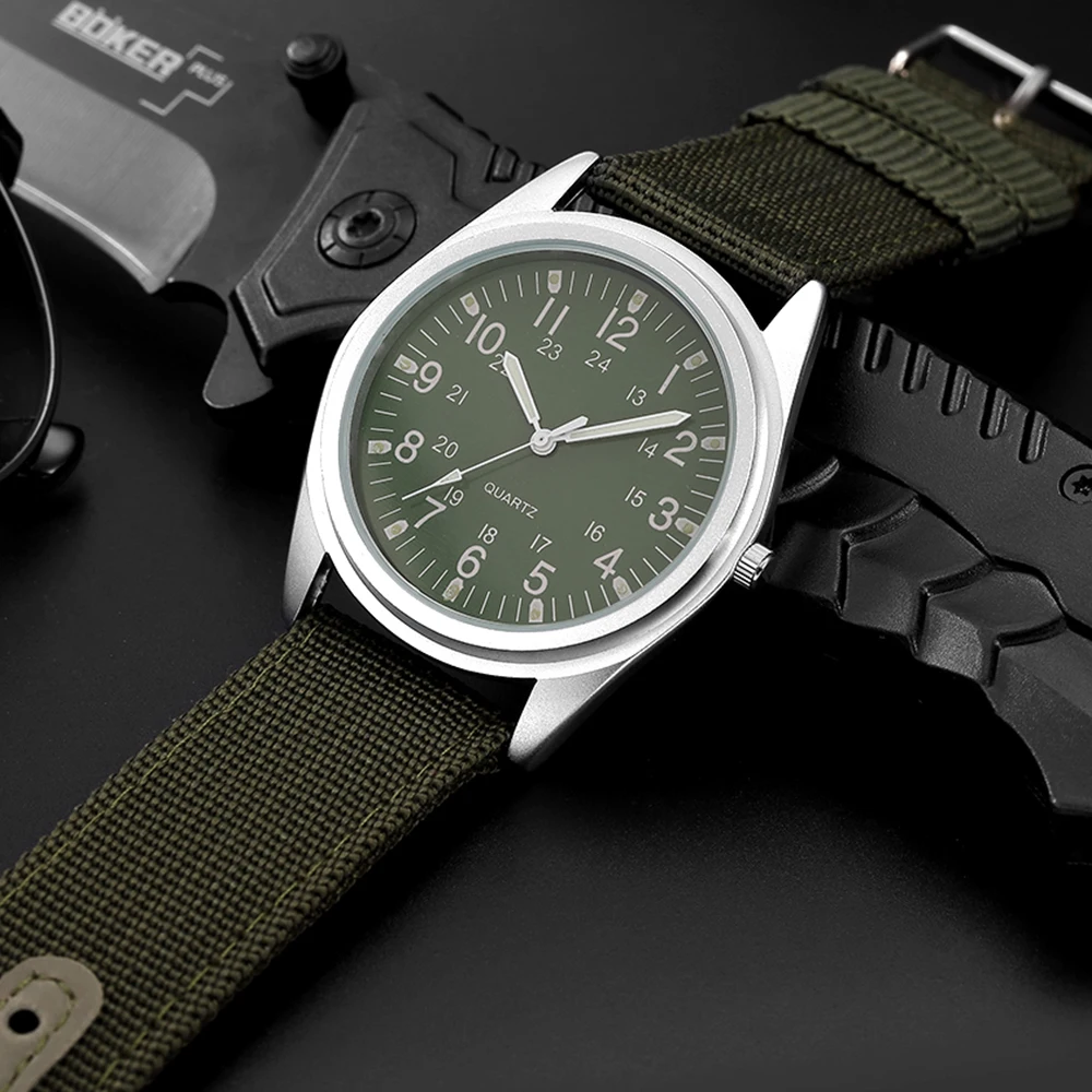 Luminous Hands Simple Watch Women Japanese Quartz Fashion Khaki Canvas Belt Fluorescent Green Military Army Style Clock Gift