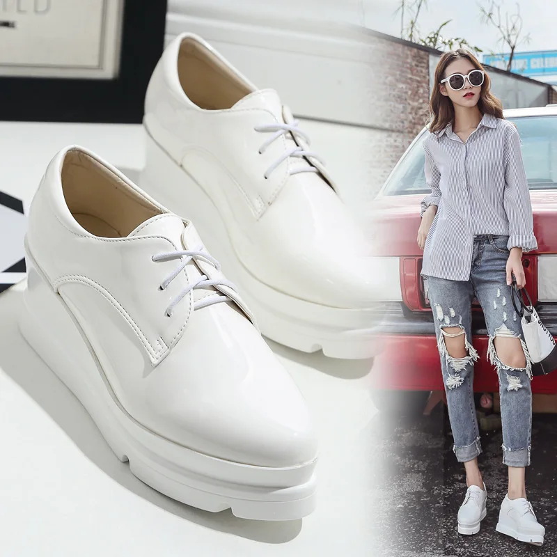 

2019 Autumn New Style Versatile Korean-style Lace-up Deep Mouth Pointed Shoes Patent Leather Thick Bottomed Waterproof Platform