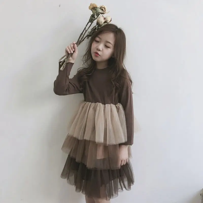 

2021 New Spring Autumn Teenage Girls Mesh Patchwork Layered Princess Dress Kids Dresses For Girls Baby Girl Clothes Vestido T162