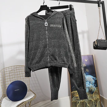

Fashion Bright Wire Hooded Sports Knitting Tracksuit Set Women Casual Loose Knitted Cardigan Long Pants Two Piece Set Female 2pc