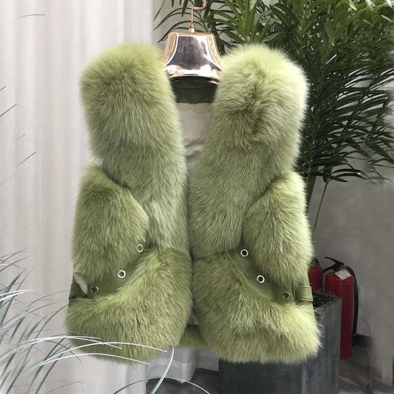 green ZDFURS* из натурального меха лисы жилет короткий без рукавов Vestwoman зимние теплые натуральный меховой жилет натуральным лисьим мехом Меховая куртка лисий мех пальто - Цвет: green
