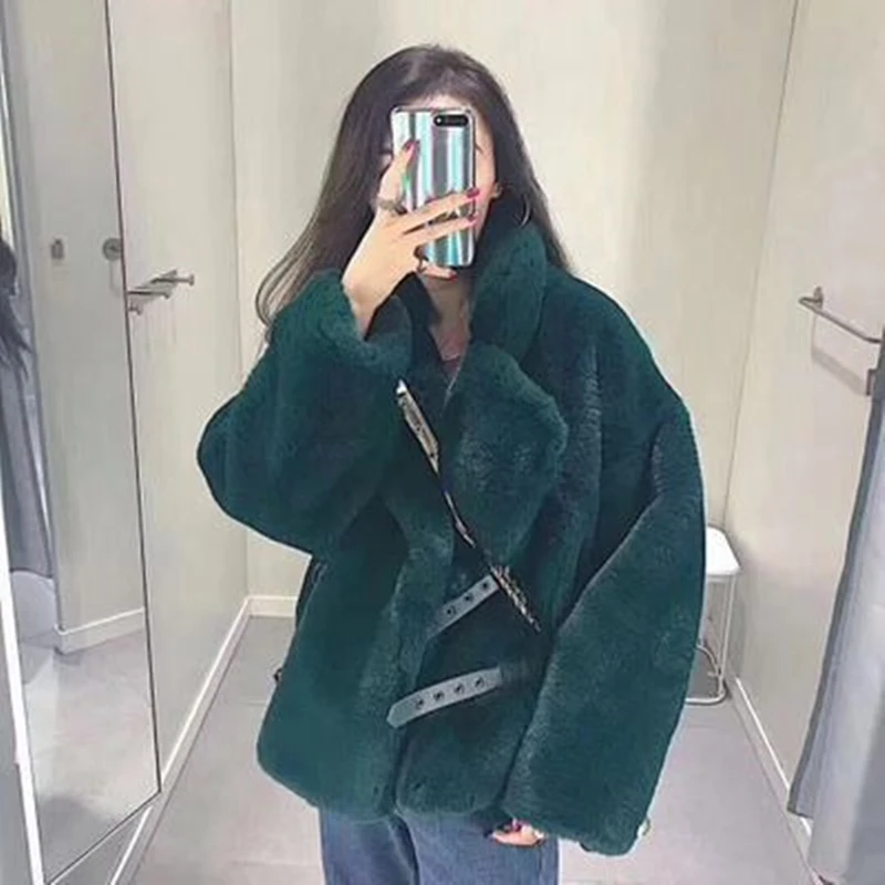 Dark green Теплое зимнее пальто с воротником из искусственного меха, новинка, имитация плюша, толстая хлопковая куртка, пальто средней длины для женщин, модное пальто - Цвет: Dark green