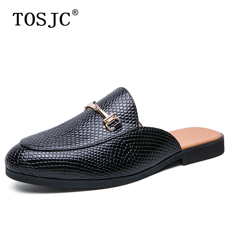 TOSJC Mens Buckle Half Loafers Snake Pattern Slippers Breathable Anti-slip Half Shoes for Man Summer Mules Lightweight Slides