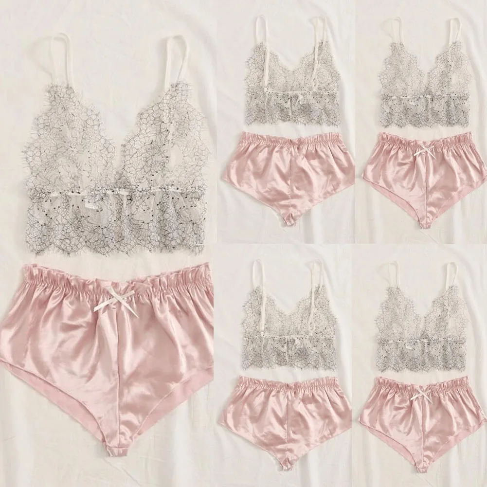 2PCS Women Sexy See-through Lace Silk Crop Top Deep V Neck Sling Bra High waist Satin Briefs Sleepwear Lingerie Set Exotic Sets
