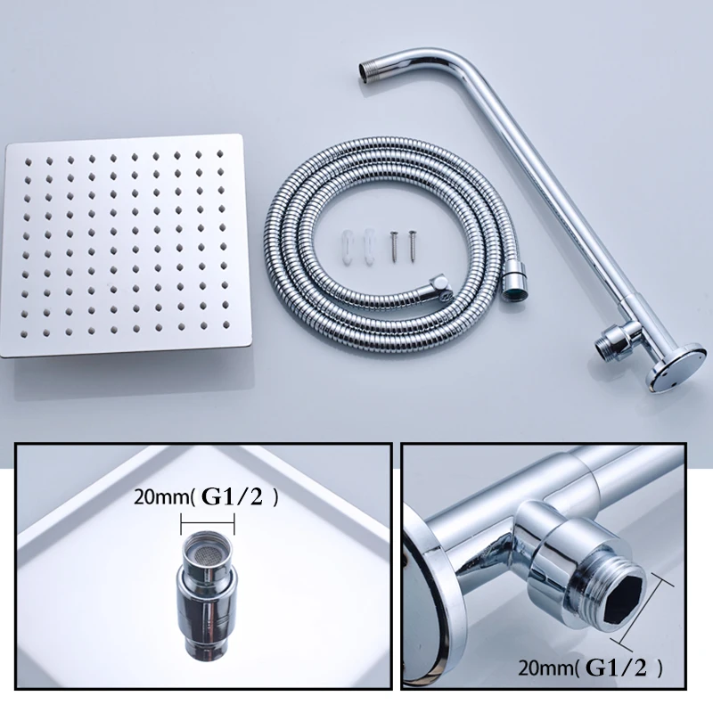 Хромированная душевая головка для ванной 8, 10, 12 дюймов, насадка для душа с дождевой насадкой, ультратонкая и квадратная насадка+ 1,5 метров, шланг из нержавеющей стали+ бар