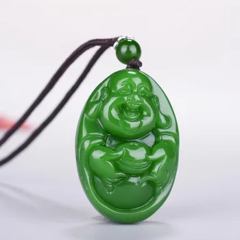 

Chinese Green Jade Buddhism Pendant Necklace Charm Jewellery Fashion Accessories Hand-Carved Man Woman Luck Amulet Sweater Chain