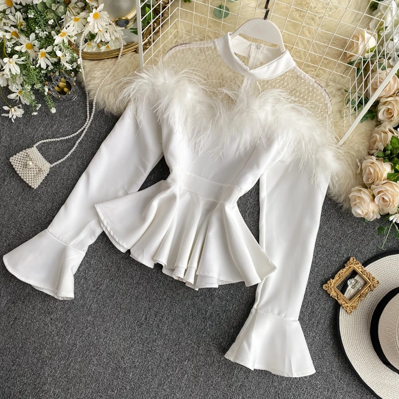 

Women Royal Luxurious Style Feathers Decorated Sexy Ruffled Top Elegant Patchwork Blouse Top