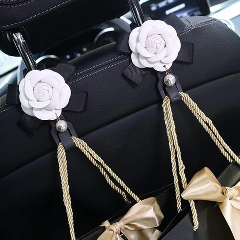 Camellia Flowers Car Seat Back Hooks Hangers Organizer Headrest Mount Storage Hooks Clips Styling Car Accessories