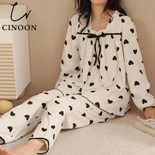CINOON Women Cotton Pajamas Set Long-Sleeved Trousers Sleepwear Set 100% Viscose Simple Style Female Homewear Comfortable Pyjama