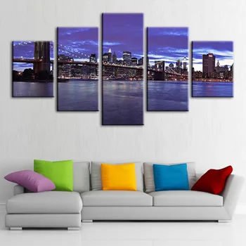 

Modern Canvas HD Prints 5 Panel Pictures Wall Art Dusk City Painting Home Decoration Modular Bridge Poster Living Room Framework
