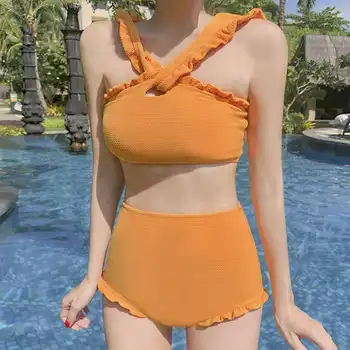 

Women's Swimsuit 2PCS Bikini Cross Shoulder Straps Chest Pads Underwire Solid Color Top + High Waist Sexy Woman Split Swimsuit