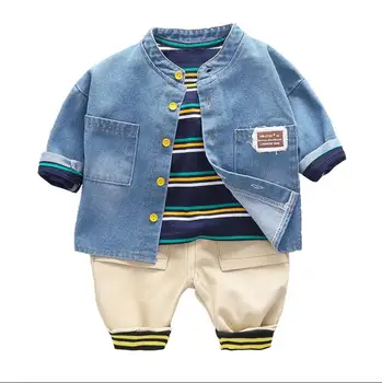 

Kids Casual Autumn Children Denim Jacket Striped T Shirt Pants 3 Pcs/sets Spring Baby Boy Clothes Infant Cotton Tracksuits Sets