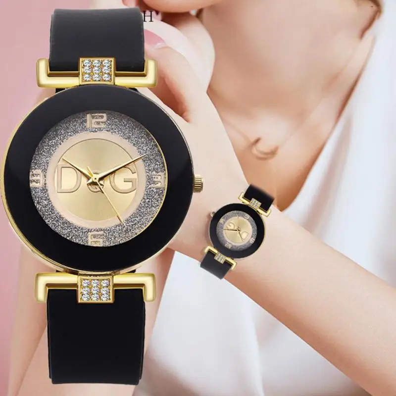 High Quality Dqg Brand Simple Crystal Fashion Quartz Female Watch Black Design Silicone Strap Large Dial Creative Fashion
