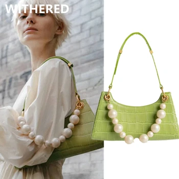 

Withered 2020 ins fashion blogger vintage high street Artificial crocodile skin Lavender pearls casual bags Armpit bags women