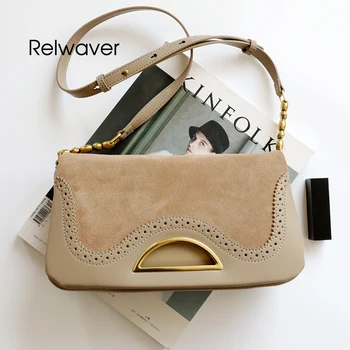 

Relwaver women messenger bags suede hollow floral genuine leather shoulder bag fashion cowhide flap new retro cross body bag