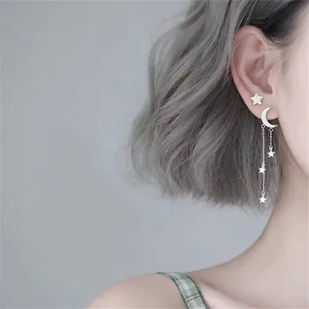 

925 Sterling Silver Creative Moon Star Tassel Drop Earrings for Women Fashion Party Accessories Asymmetry Jewelry eh384