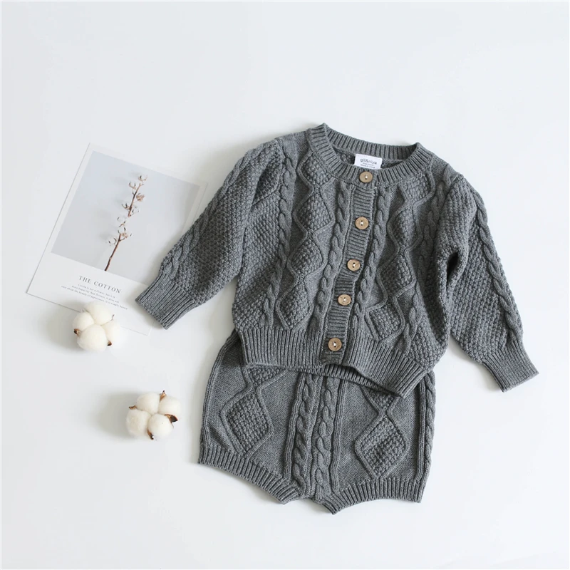 Свитеры для маленьких мальчиков и девочек, вязаные свитеры для малышей кардиган+ шорты, костюм детский осенне-зимний свитер, комплект одежды из 2 предметов