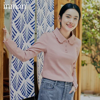 

INMAN 2020 Spring New Arrival Literary Lapel Open-button Micro-elastic Knitted Long Sleeve T-shirt