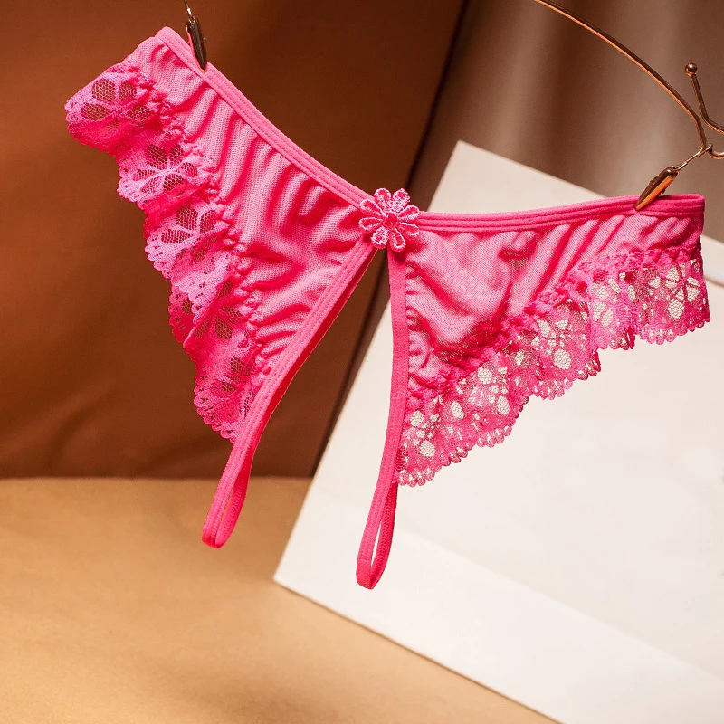 Rose red Женское сексуальное нижнее белье, стринги с открытой промежностью, трусики-стринги, кружевные прозрачные трусики с вырезами, нижнее белье, Ropa Interior Femenina - Цвет: Rose red