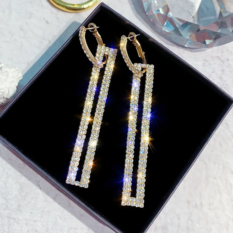 Модные серьги из серебра S925 пробы, длинные геометрические серьги, роскошные золотые, серебряные, синие прямоугольные стразы, серьги для женщин, вечерние, подарки
