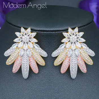 

ModemAngel Luxury Flowers Cubic Zircon Crystal CZ Long Dangle Earrings For Women African Bridal Earring pendientes mujer moda